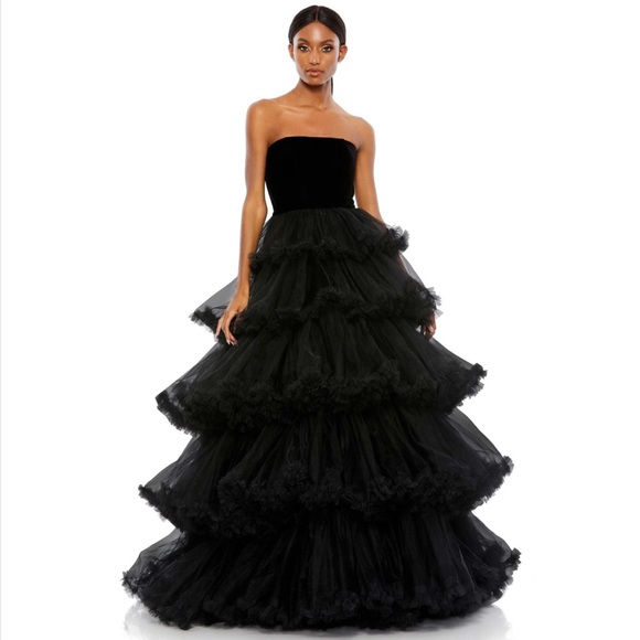 Mac Duggal Black Velvet Bustier Ruffle Ball Gown - Picture 3 of 7